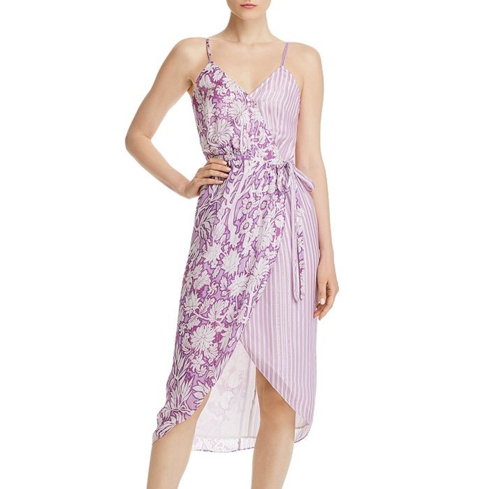 HEMANT & NANDITA Lavender Floral & Stripe Wrap Midi Dress